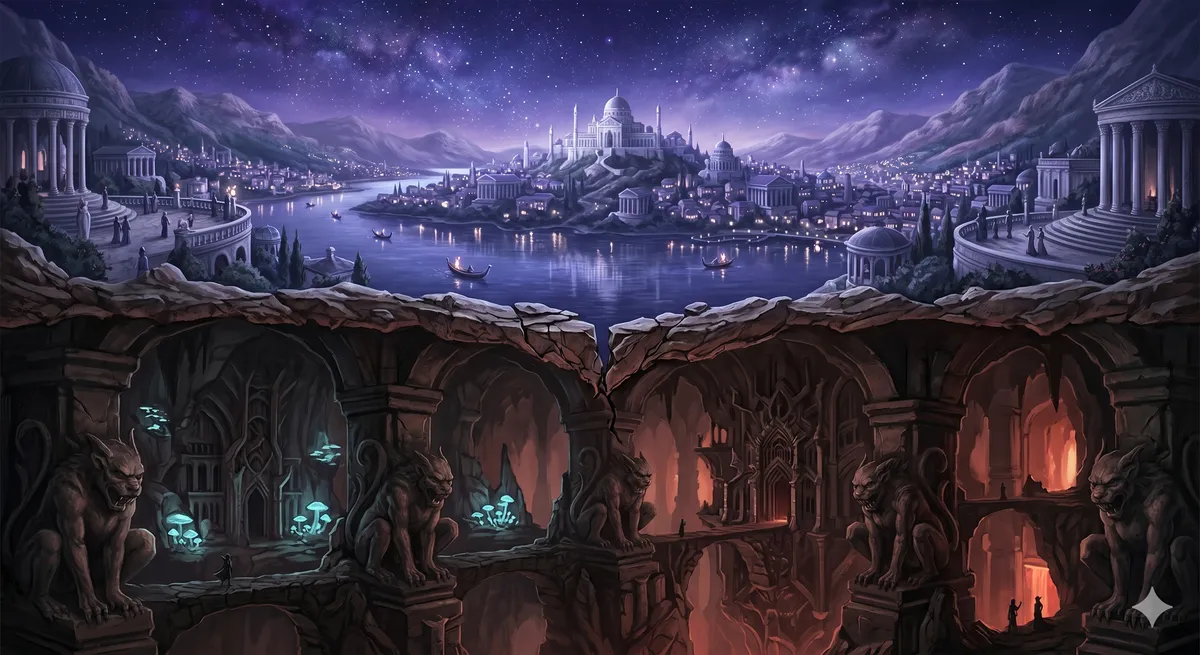 The vast, dark Night Court landscape — evoking the primordial, fathomless blackness from which the Cauldron forged the Dread Trove in an age before the Fae were masters of the world.